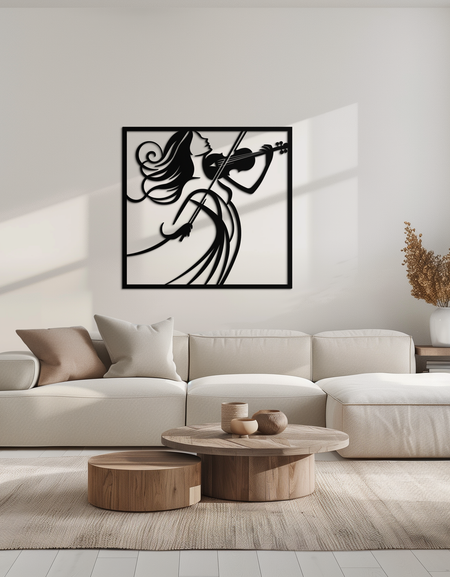 Kadın Kemancı Metal Duvar Sanatı – Müzik Severler İçin Modern Müzisyen Silüeti Dekoru- KAF391