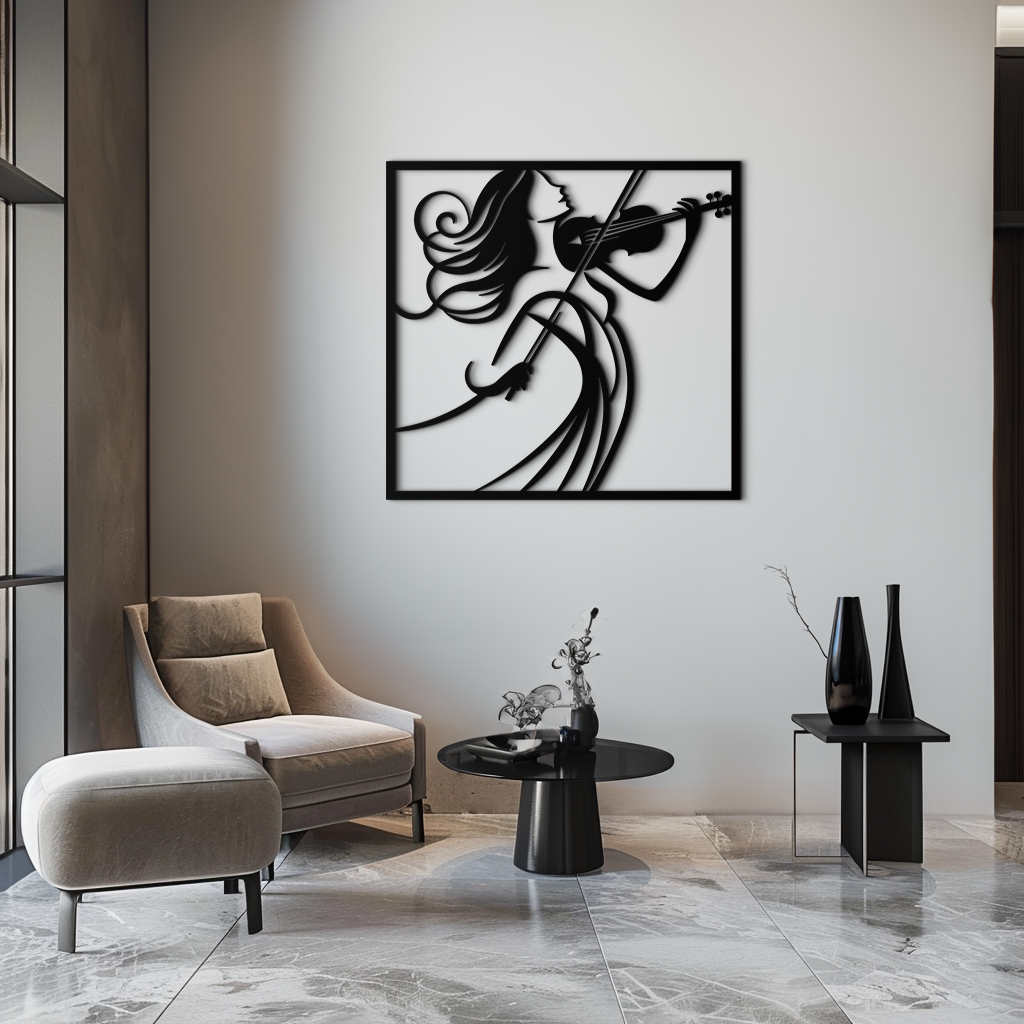 Woman Violinist Metal Wall Art – Modern Musician Silhouette Decor for Music Lovers- KAF391