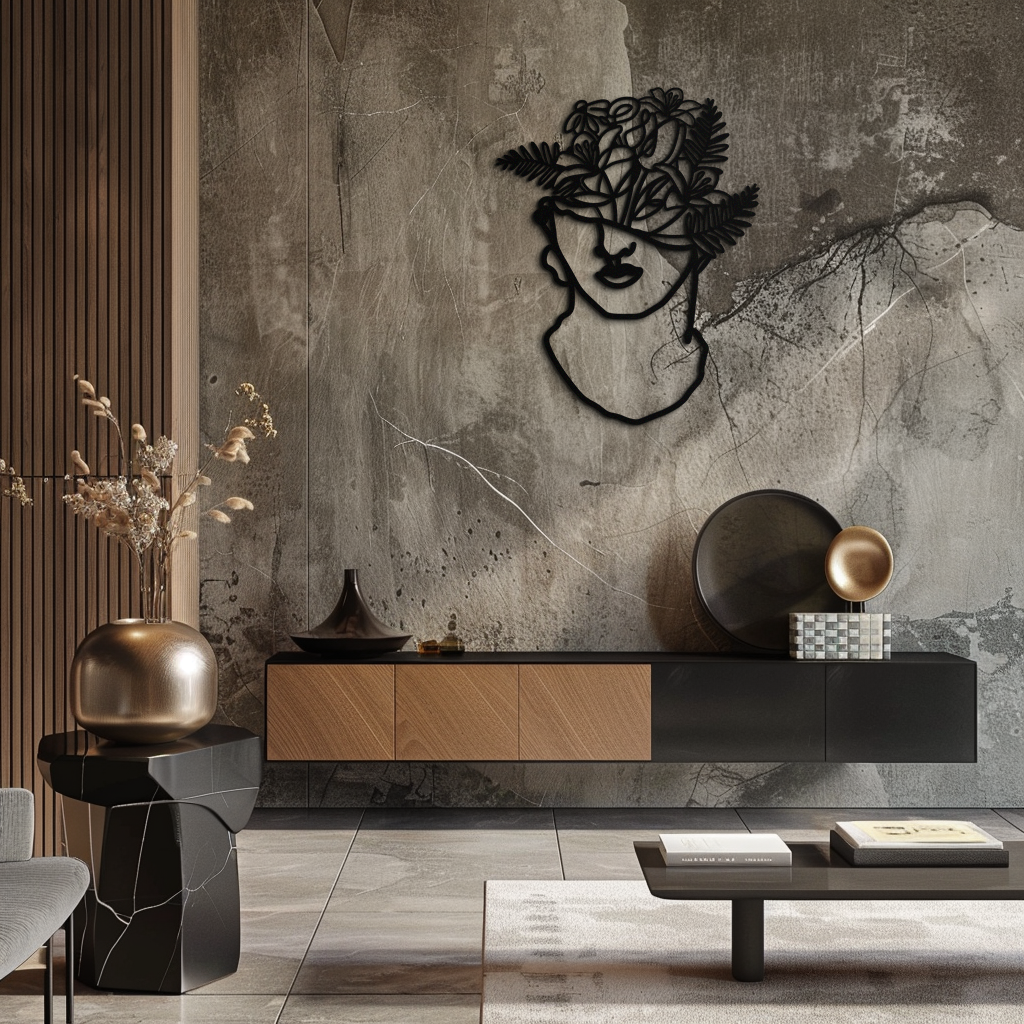 Floral Greek Statue Line Art – Modern Abstract Face Metal Wall Decor- KAF394