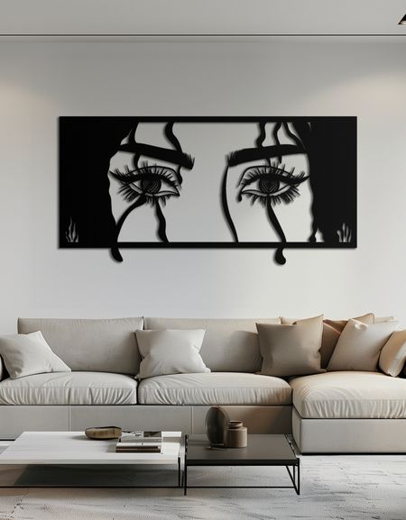 Gizemli Kadın Gözleri Metal Duvar Sanatı – Modern Şık İç Mekanlar İçin Siyah Çelik Kadınsı Siluet Dekoru- KAF408