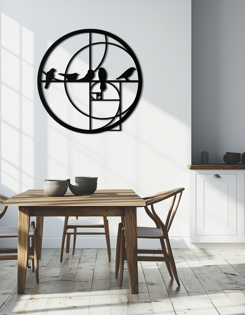 Resmi Galeri görüntüleyicisine yükleyin, Altın Oran Kuşları Metal Duvar Sanatı – Fibonacci Spiral ve Kuş Silüeti Siyah Çelik Dekor Modern İç Mekanlar İçin - KAF410
