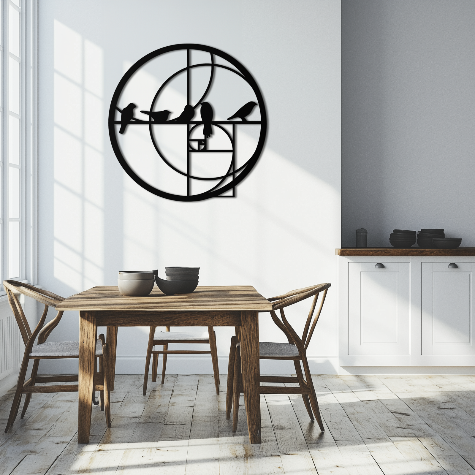 Altın Oran Kuşları Metal Duvar Sanatı – Fibonacci Spiral ve Kuş Silüeti Siyah Çelik Dekor Modern İç Mekanlar İçin - KAF410