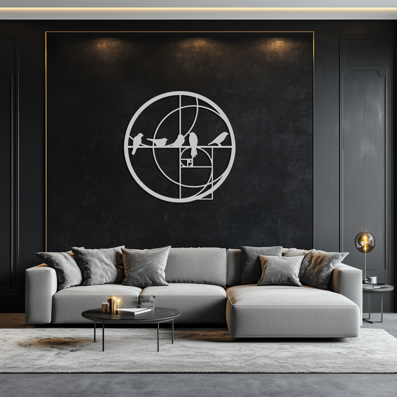 Altın Oran Kuşları Metal Duvar Sanatı – Fibonacci Spiral ve Kuş Silüeti Siyah Çelik Dekor Modern İç Mekanlar İçin - KAF410