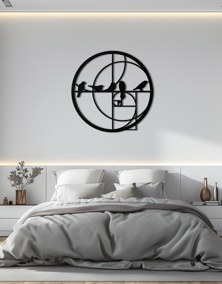 Altın Oran Kuşları Metal Duvar Sanatı – Fibonacci Spiral ve Kuş Silüeti Siyah Çelik Dekor Modern İç Mekanlar İçin - KAF410
