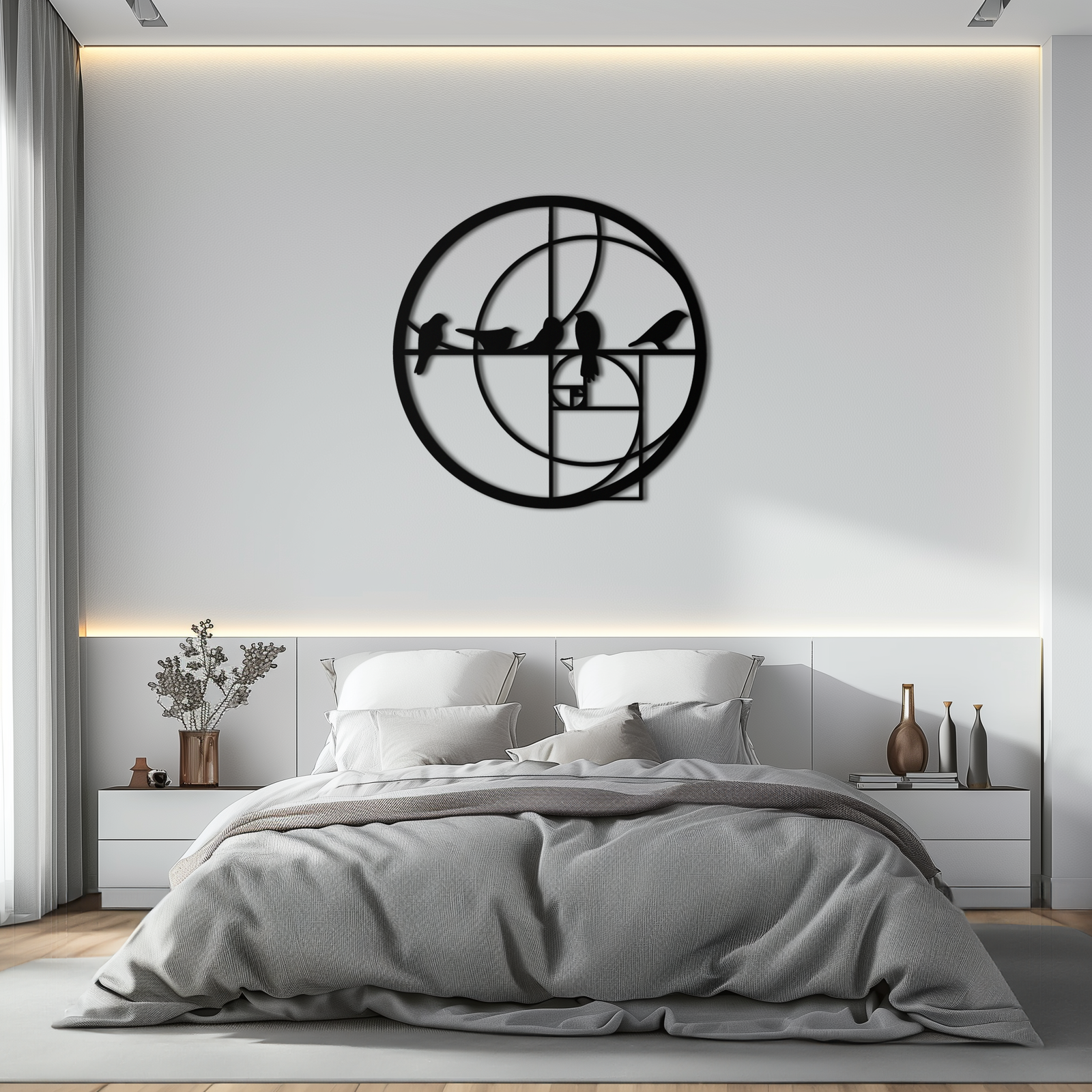 Altın Oran Kuşları Metal Duvar Sanatı – Fibonacci Spiral ve Kuş Silüeti Siyah Çelik Dekor Modern İç Mekanlar İçin - KAF410