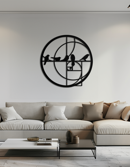 Altın Oran Kuşları Metal Duvar Sanatı – Fibonacci Spiral ve Kuş Silüeti Siyah Çelik Dekor Modern İç Mekanlar İçin - KAF410