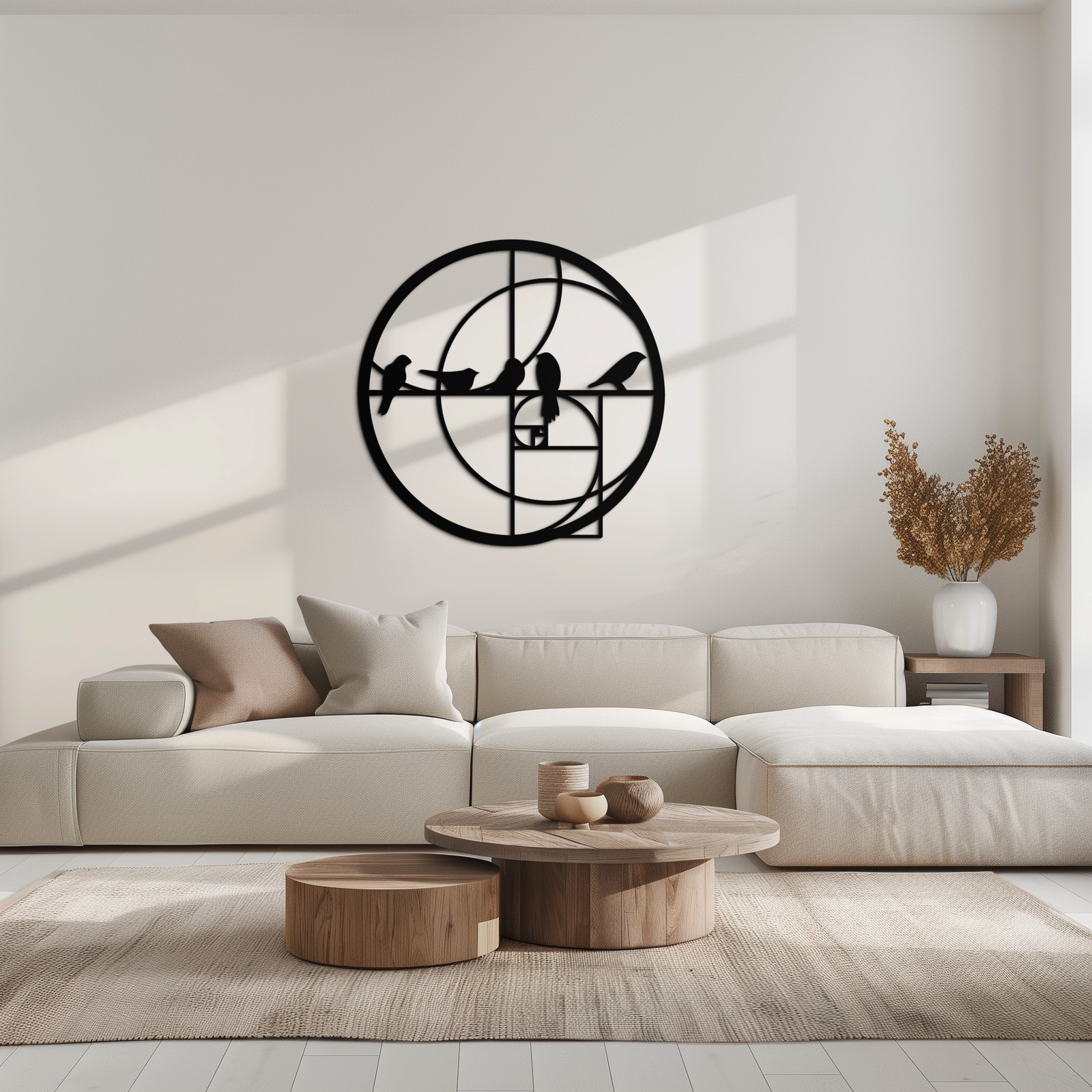 Altın Oran Kuşları Metal Duvar Sanatı – Fibonacci Spiral ve Kuş Silüeti Siyah Çelik Dekor Modern İç Mekanlar İçin - KAF410