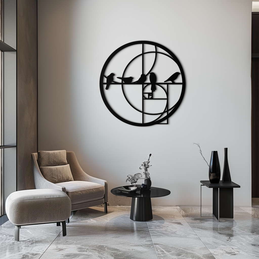 Altın Oran Kuşları Metal Duvar Sanatı – Fibonacci Spiral ve Kuş Silüeti Siyah Çelik Dekor Modern İç Mekanlar İçin - KAF410