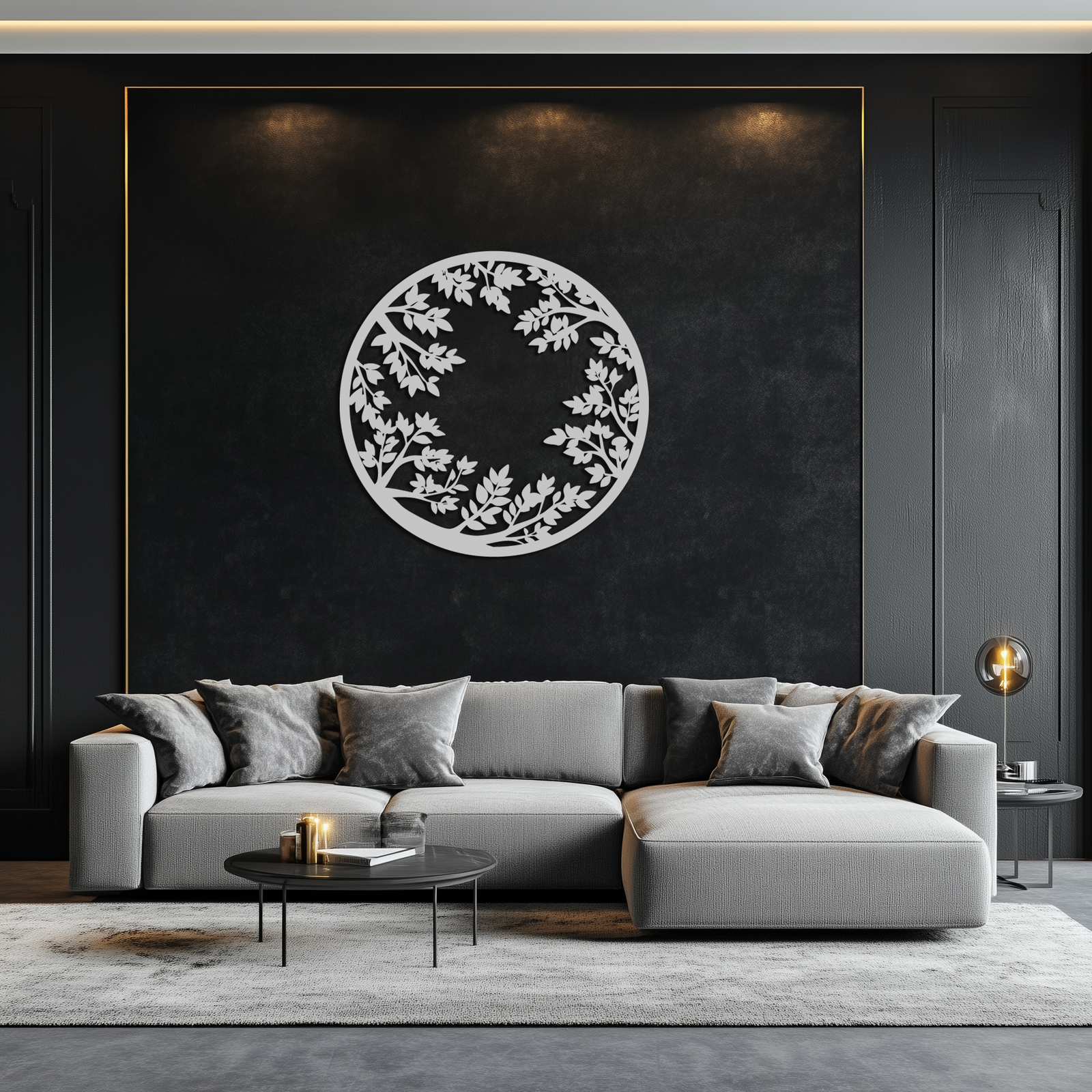 Round Leafy Branches Metal Wall Art – Nature Inspired Circular Black Steel Decor for Modern Interior and Garden- KAF411