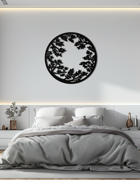 Yuvarlak Yapraklı Dallar Metal Duvar Sanatı – Modern İç Mekan ve Bahçe İçin Doğadan Esinlenilmiş Dairesel Siyah Çelik Dekor - KAF411