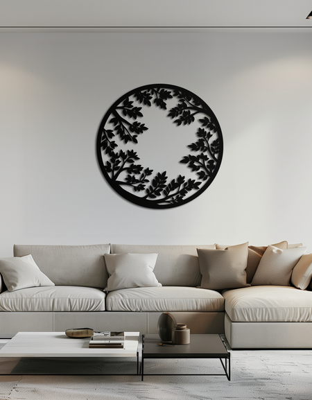 Yuvarlak Yapraklı Dallar Metal Duvar Sanatı – Modern İç Mekan ve Bahçe İçin Doğadan Esinlenilmiş Dairesel Siyah Çelik Dekor - KAF411