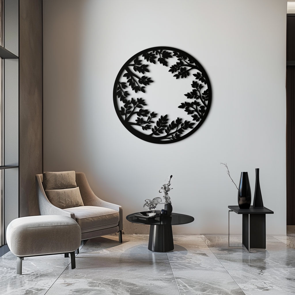 Round Leafy Branches Metal Wall Art – Nature Inspired Circular Black Steel Decor for Modern Interior and Garden- KAF411