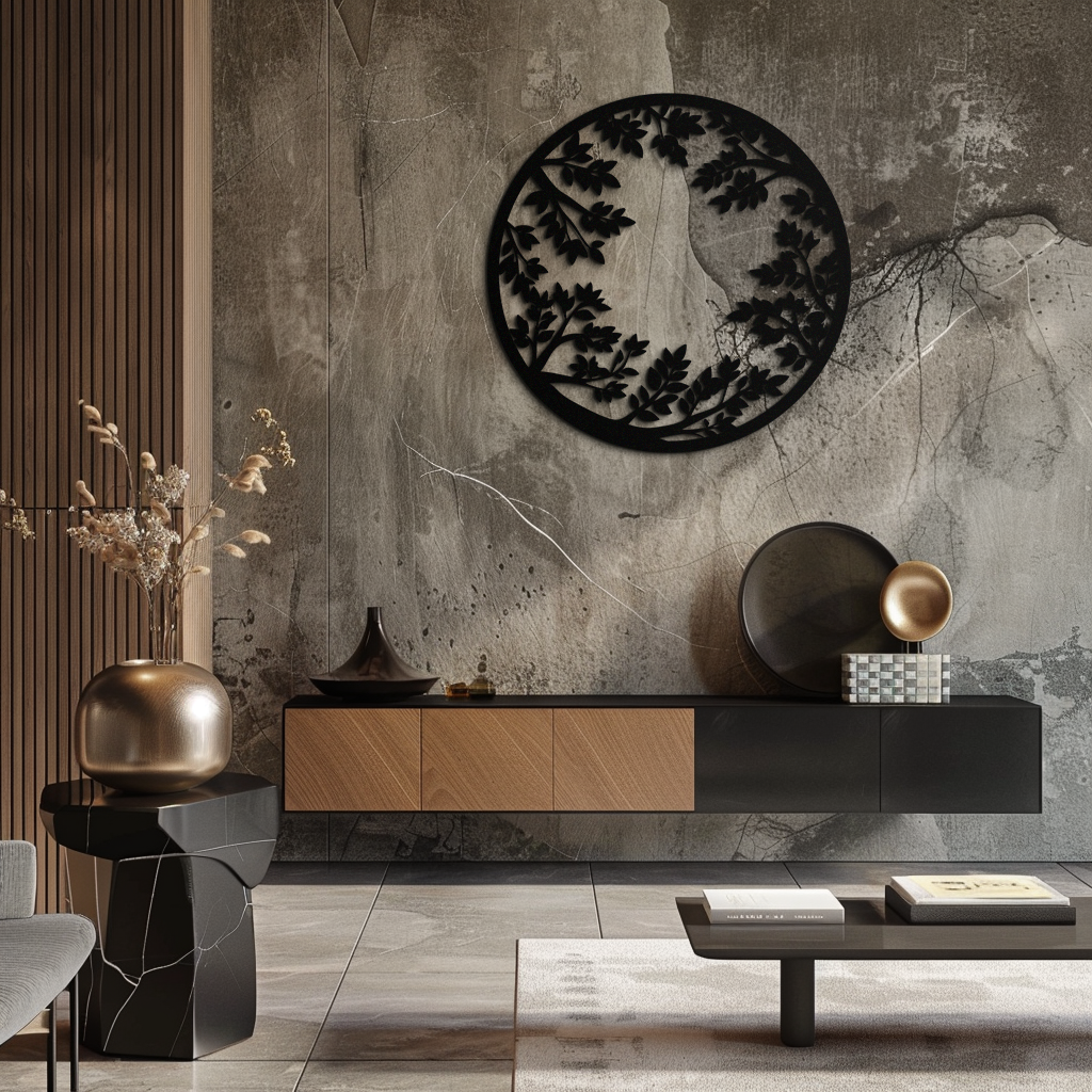 Round Leafy Branches Metal Wall Art – Nature Inspired Circular Black Steel Decor for Modern Interior and Garden- KAF411