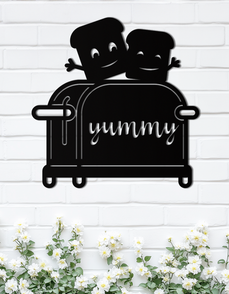 Cute Yummy Toast Metal Wall Art – Playful Kitchen Decor with Smiling Toast Characters on Toaster for Modern Home- KAF412