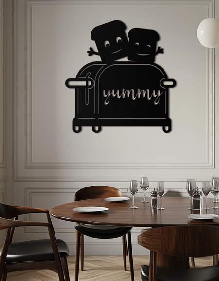 Cute Yummy Toast Metal Wall Art – Playful Kitchen Decor with Smiling Toast Characters on Toaster for Modern Home- KAF412
