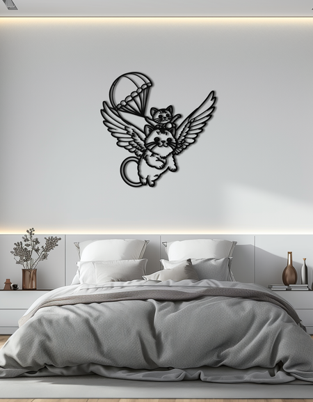 Flying Cats with Parachute Metal Wall Art – Adorable Winged Cat & Kitten Steel Decor for Kids Room and Nursery- KAF413