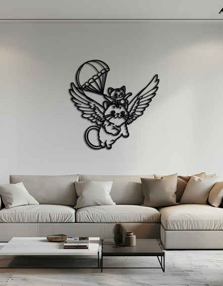 Flying Cats with Parachute Metal Wall Art – Adorable Winged Cat & Kitten Steel Decor for Kids Room and Nursery- KAF413