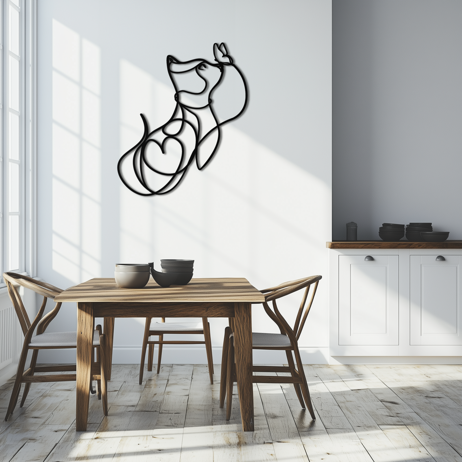 Dog and Butterfly Line Art Metal Wall Decor – Minimalist Pet Silhouette Black Steel Artwork for Home Interiors- KAF414