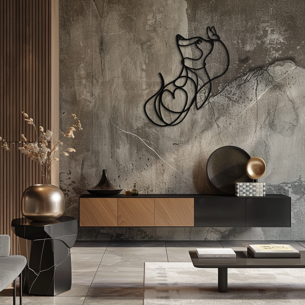 Dog and Butterfly Line Art Metal Wall Decor – Minimalist Pet Silhouette Black Steel Artwork for Home Interiors- KAF414