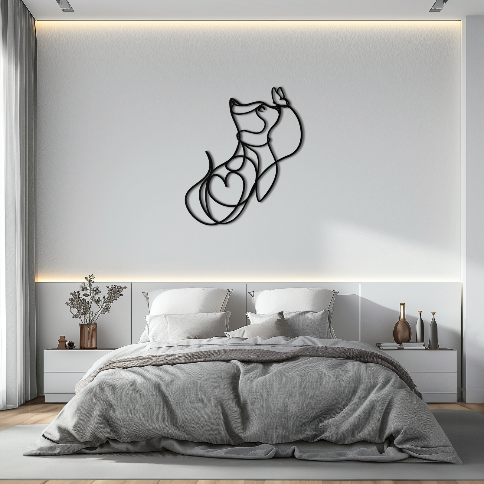 Dog and Butterfly Line Art Metal Wall Decor – Minimalist Pet Silhouette Black Steel Artwork for Home Interiors- KAF414
