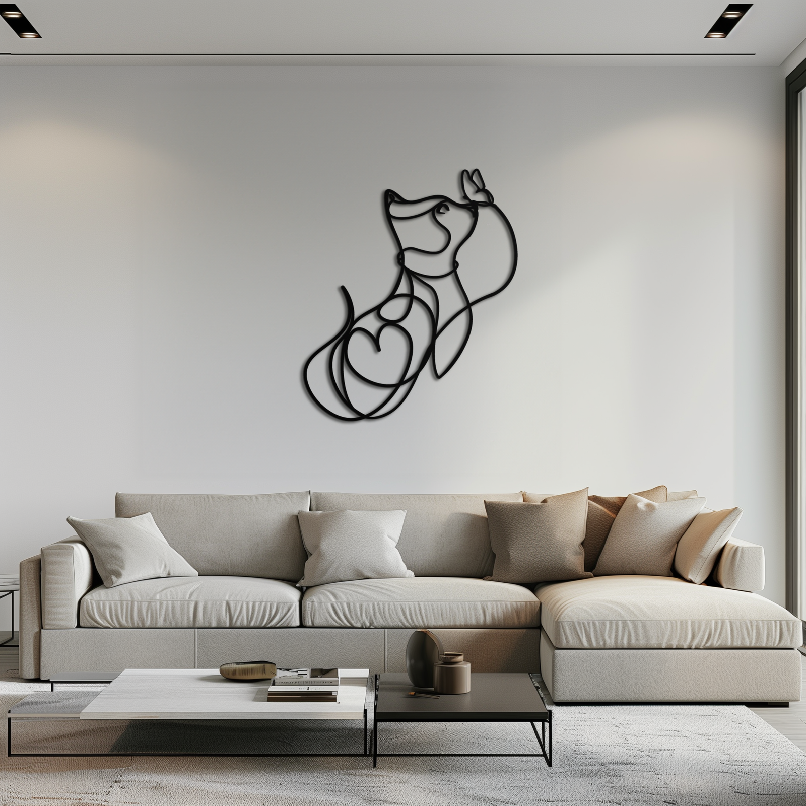 Dog and Butterfly Line Art Metal Wall Decor – Minimalist Pet Silhouette Black Steel Artwork for Home Interiors- KAF414