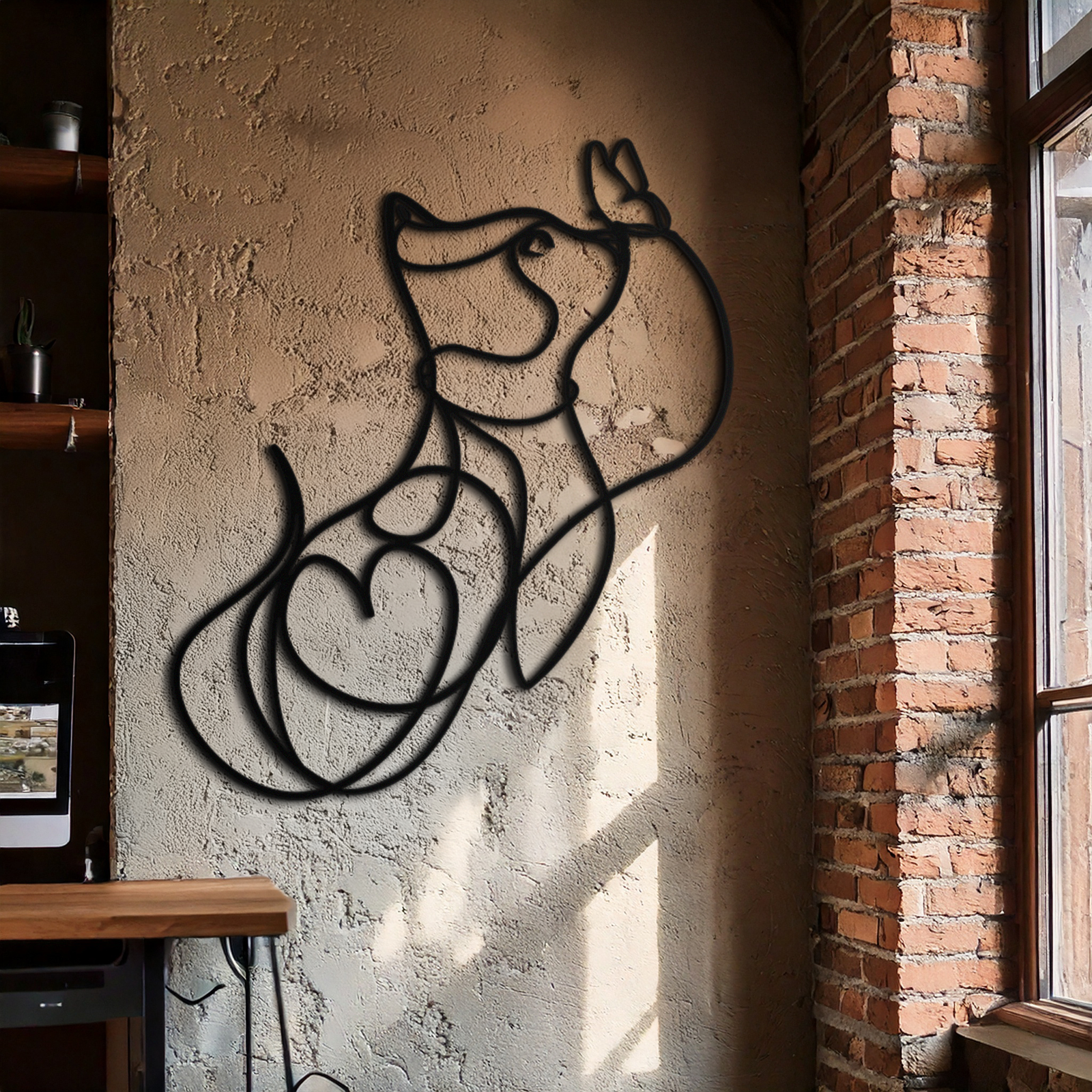 Dog and Butterfly Line Art Metal Wall Decor – Minimalist Pet Silhouette Black Steel Artwork for Home Interiors- KAF414
