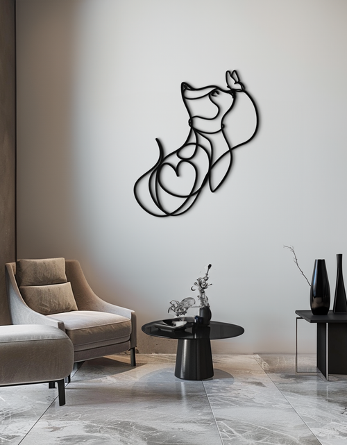 Load image into Gallery viewer, Dog and Butterfly Line Art Metal Wall Decor – Minimalist Pet Silhouette Black Steel Artwork for Home Interiors- KAF414
