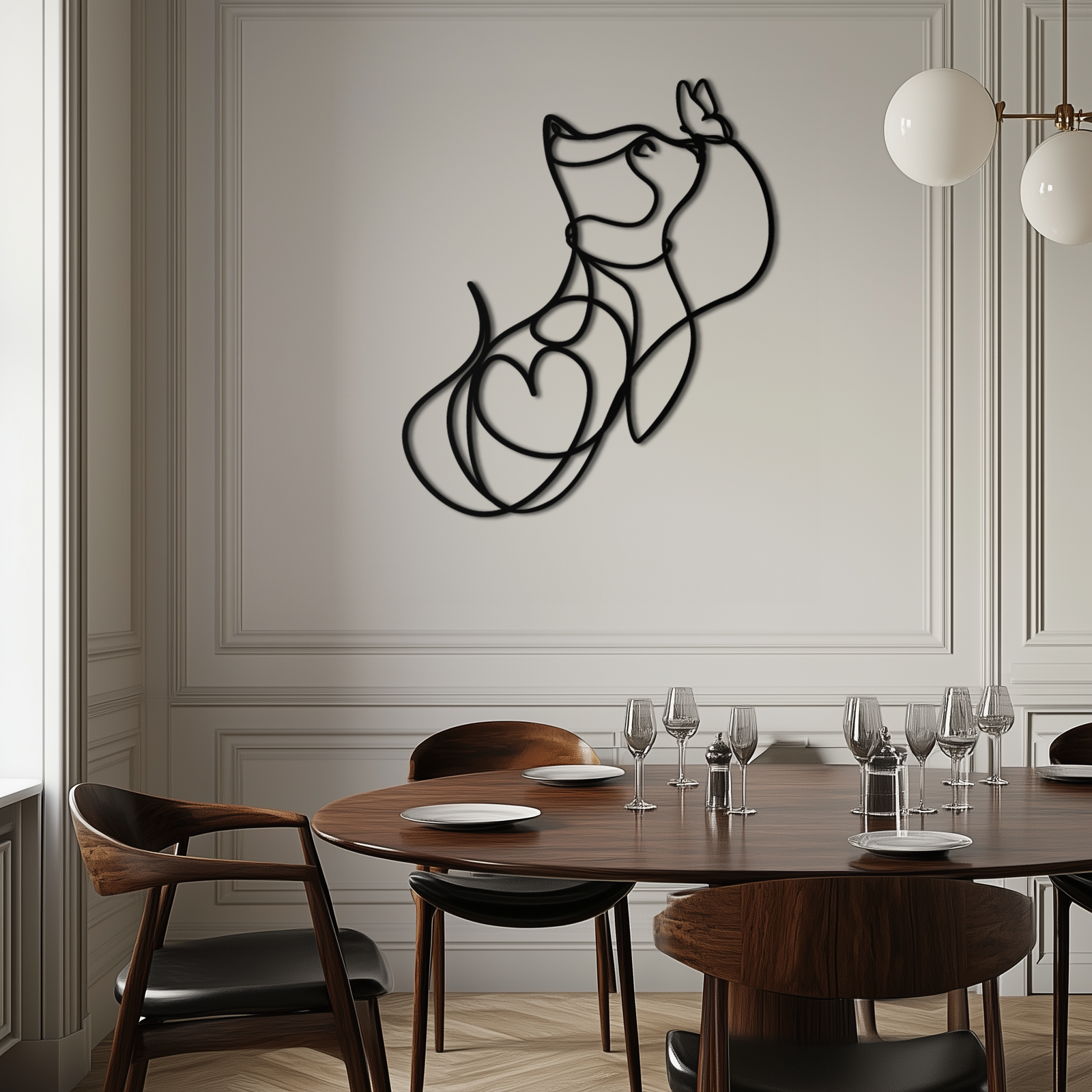 Dog and Butterfly Line Art Metal Wall Decor – Minimalist Pet Silhouette Black Steel Artwork for Home Interiors- KAF414