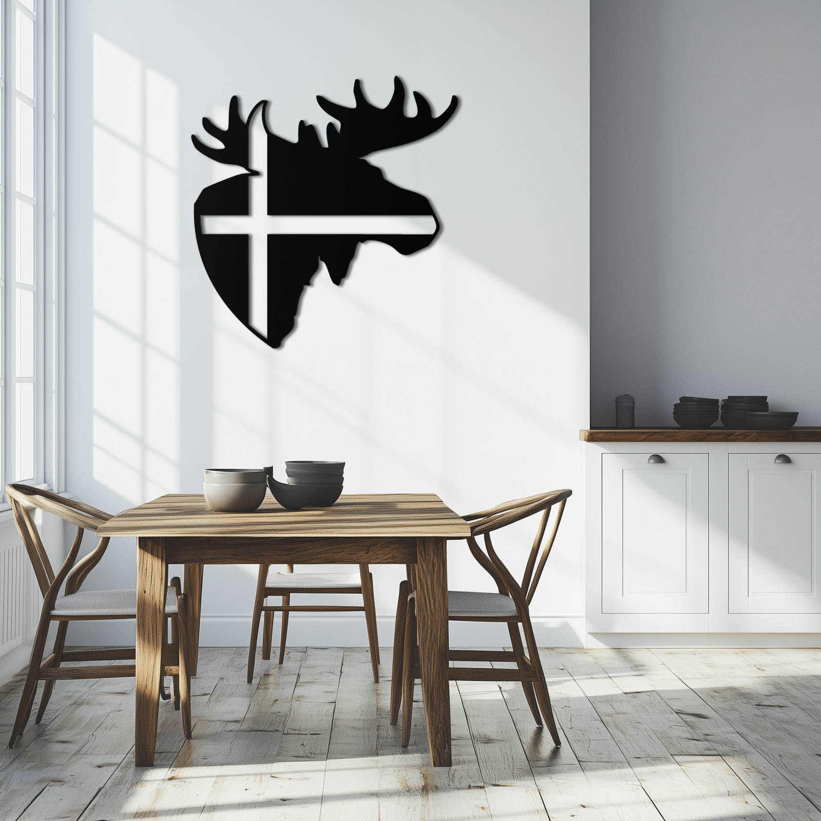 Nordic Moose Silhouette Metal Duvar Sanatı – Modern Rustik İç Mekanlar İçin Haç Dekorlu İskandinav Geyik Kafası - KAF415