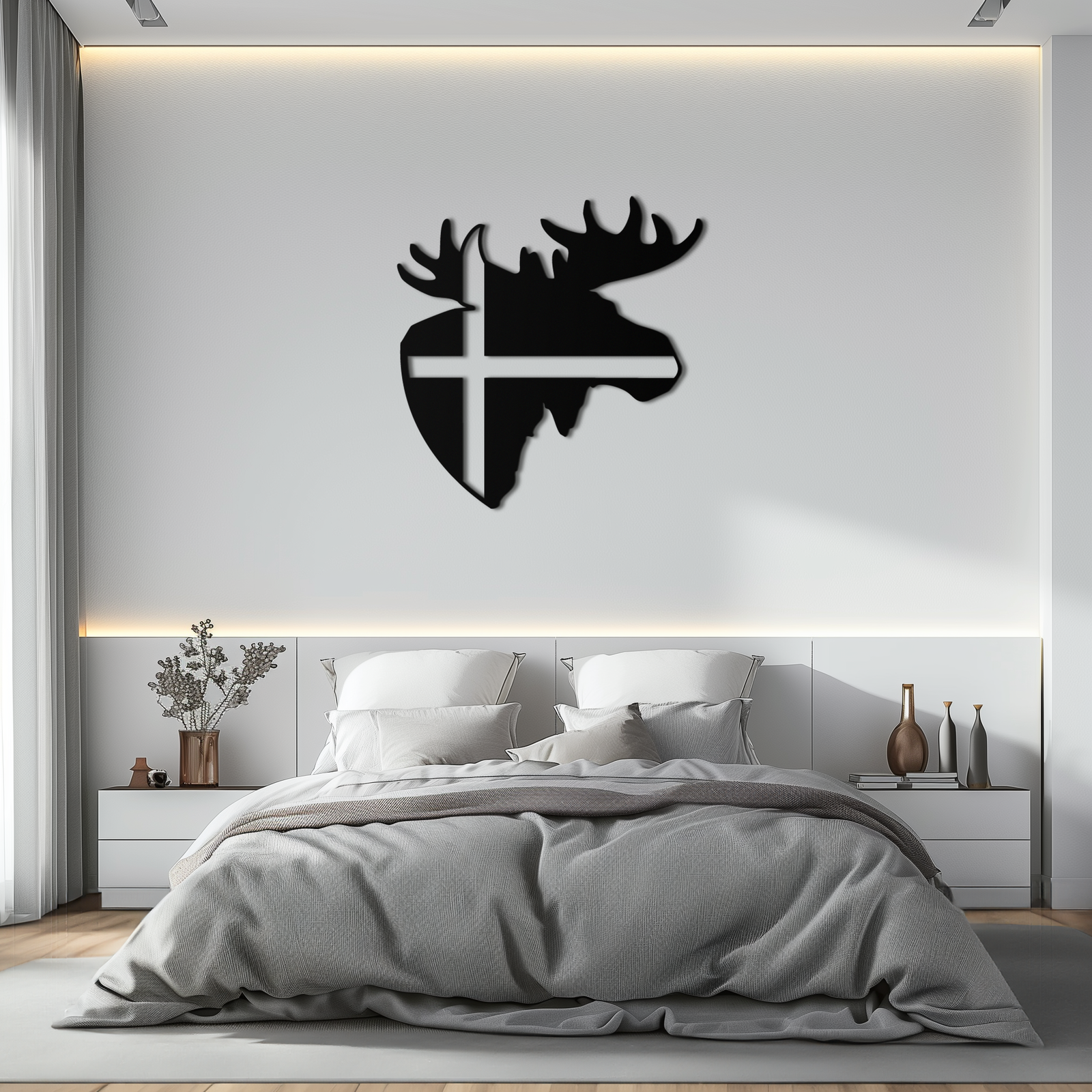 Nordic Moose Silhouette Metal Duvar Sanatı – Modern Rustik İç Mekanlar İçin Haç Dekorlu İskandinav Geyik Kafası - KAF415
