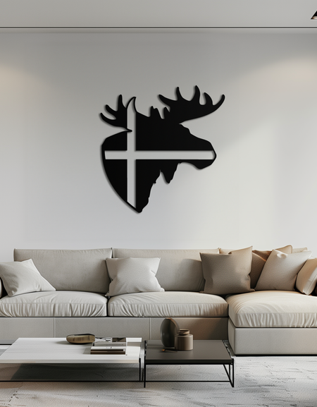 Nordic Moose Silhouette Metal Duvar Sanatı – Modern Rustik İç Mekanlar İçin Haç Dekorlu İskandinav Geyik Kafası - KAF415
