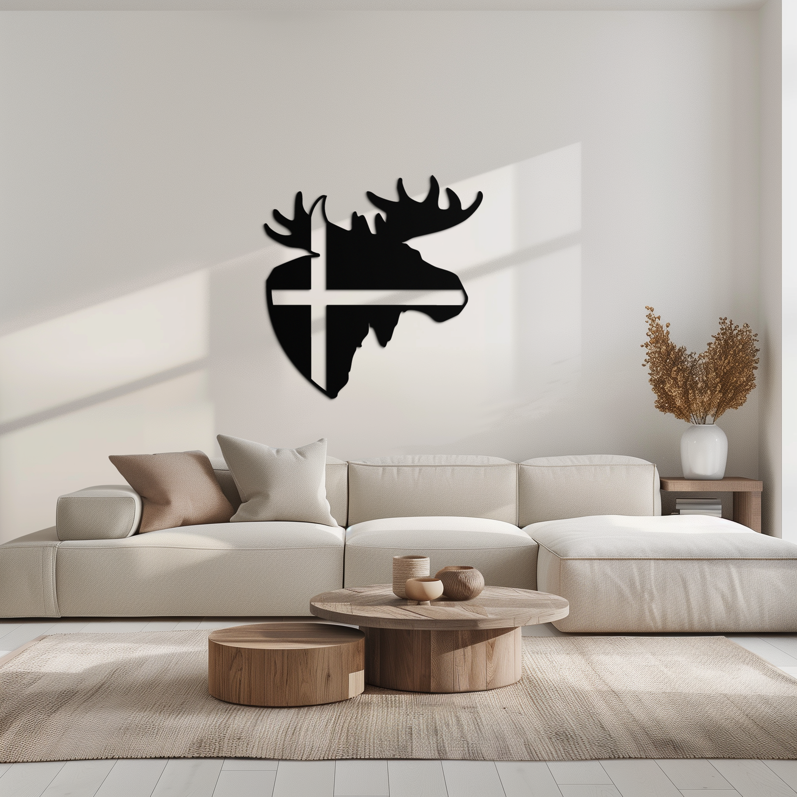 Nordic Moose Silhouette Metal Duvar Sanatı – Modern Rustik İç Mekanlar İçin Haç Dekorlu İskandinav Geyik Kafası - KAF415