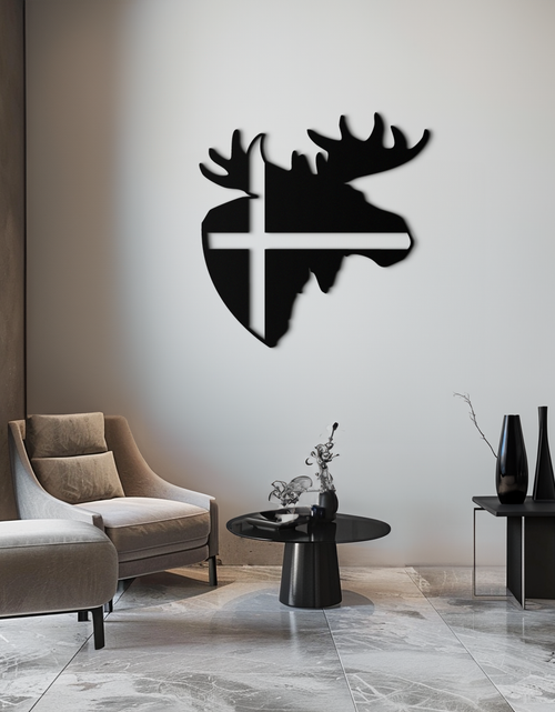 Resmi Galeri görüntüleyicisine yükleyin, Nordic Moose Silhouette Metal Duvar Sanatı – Modern Rustik İç Mekanlar İçin Haç Dekorlu İskandinav Geyik Kafası - KAF415
