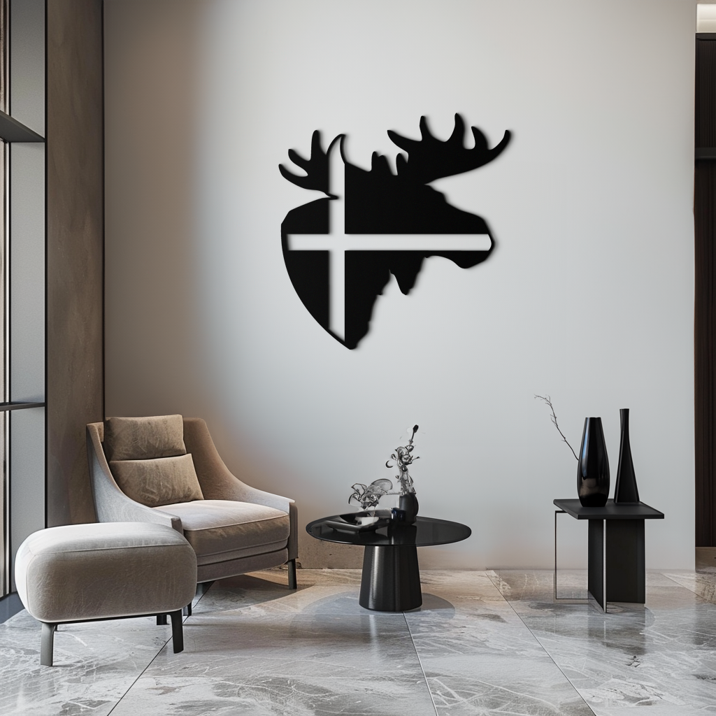 Nordic Moose Silhouette Metal Duvar Sanatı – Modern Rustik İç Mekanlar İçin Haç Dekorlu İskandinav Geyik Kafası - KAF415