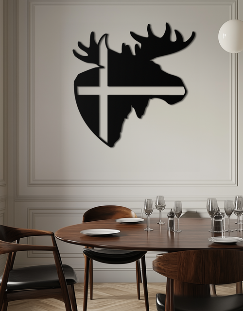 Resmi Galeri görüntüleyicisine yükleyin, Nordic Moose Silhouette Metal Duvar Sanatı – Modern Rustik İç Mekanlar İçin Haç Dekorlu İskandinav Geyik Kafası - KAF415

