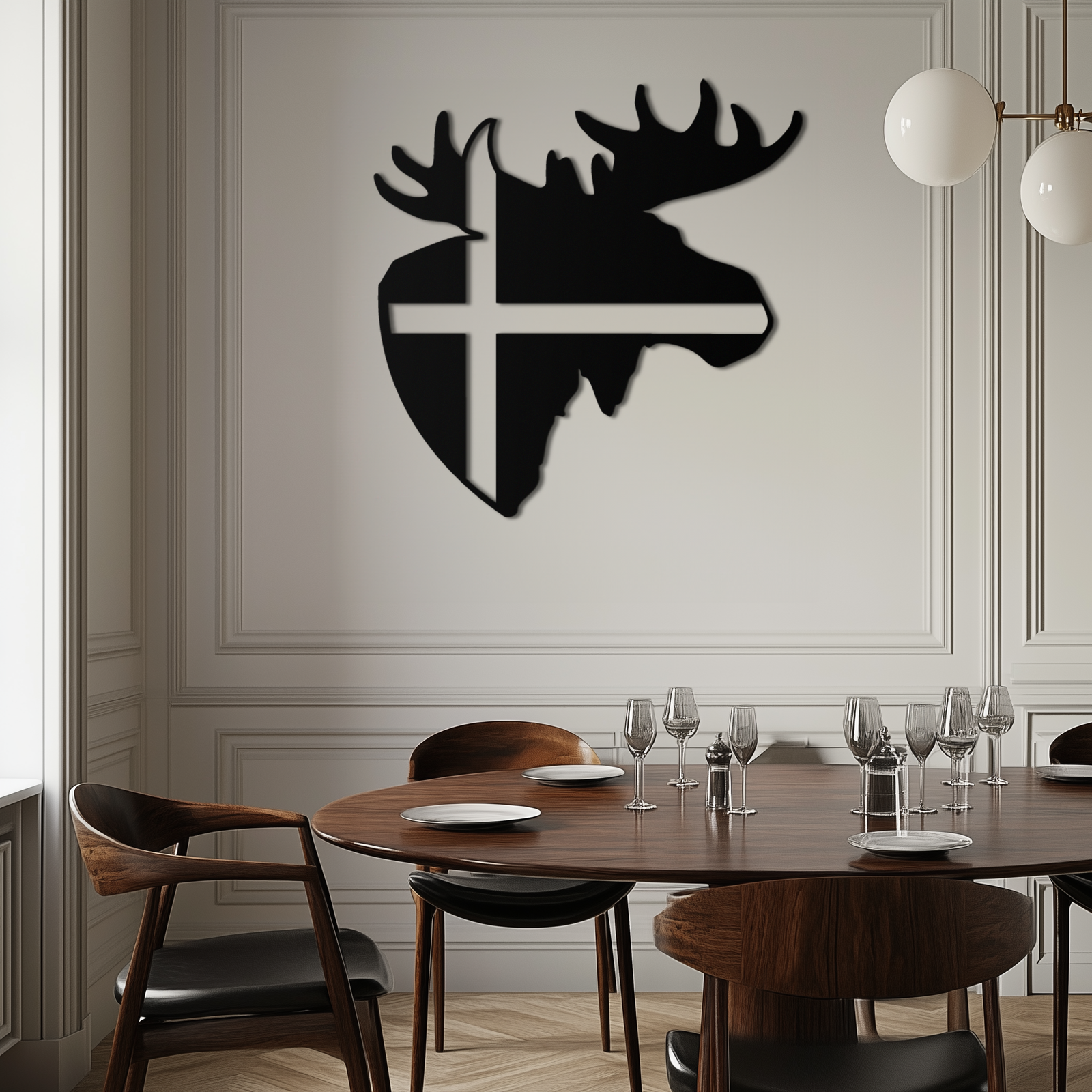 Nordic Moose Silhouette Metal Duvar Sanatı – Modern Rustik İç Mekanlar İçin Haç Dekorlu İskandinav Geyik Kafası - KAF415
