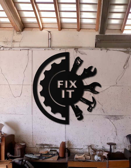 Fix It Tools Metal Wall Art – Industrial Gear & Hand Tools Silhouette Black Steel Decor for Garage or Workshop- KAF419