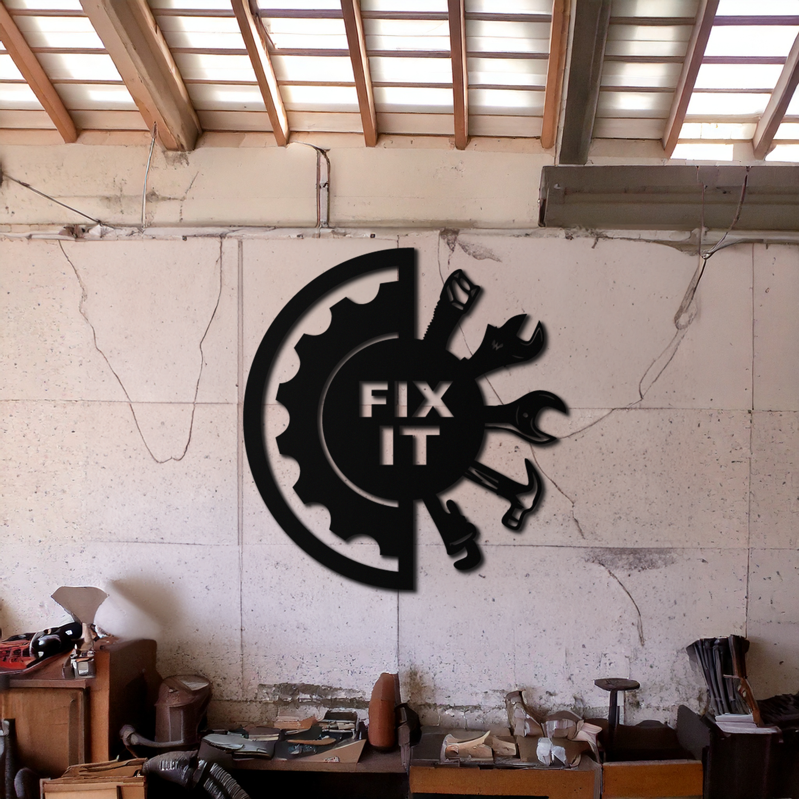 Fix It Tools Metal Wall Art – Industrial Gear & Hand Tools Silhouette Black Steel Decor for Garage or Workshop- KAF419