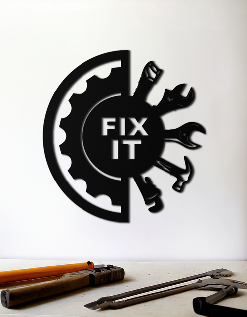 Load image into Gallery viewer, Fix It Tools Metal Wall Art – Industrial Gear &amp; Hand Tools Silhouette Black Steel Decor for Garage or Workshop- KAF419
