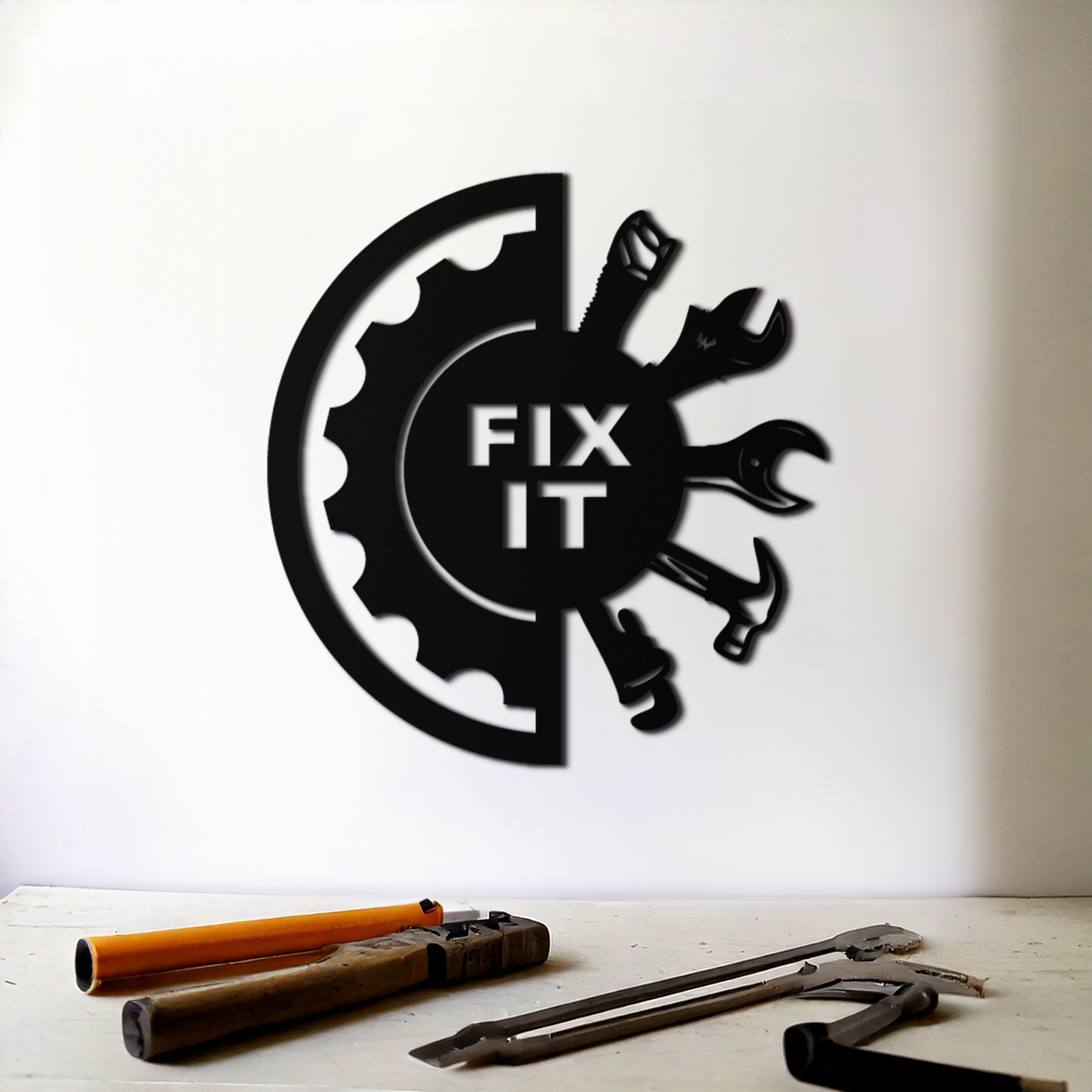 Fix It Tools Metal Wall Art – Industrial Gear & Hand Tools Silhouette Black Steel Decor for Garage or Workshop- KAF419