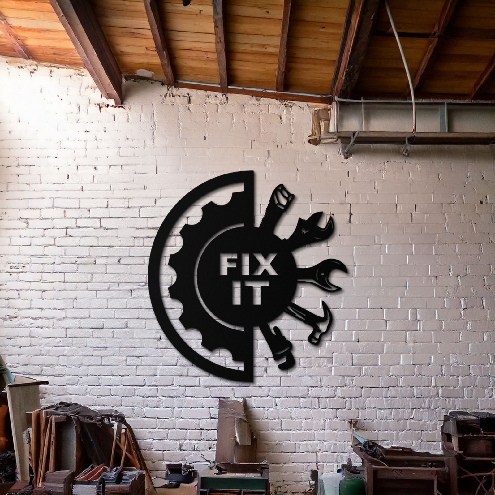 Fix It Tools Metal Wall Art – Industrial Gear & Hand Tools Silhouette Black Steel Decor for Garage or Workshop- KAF419