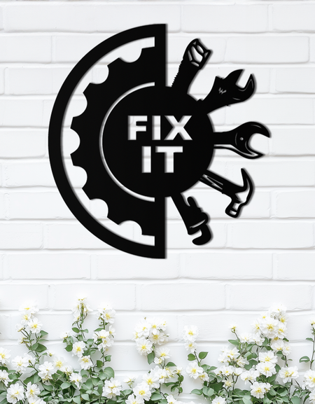 Fix It Tools Metal Wall Art – Industrial Gear & Hand Tools Silhouette Black Steel Decor for Garage or Workshop- KAF419
