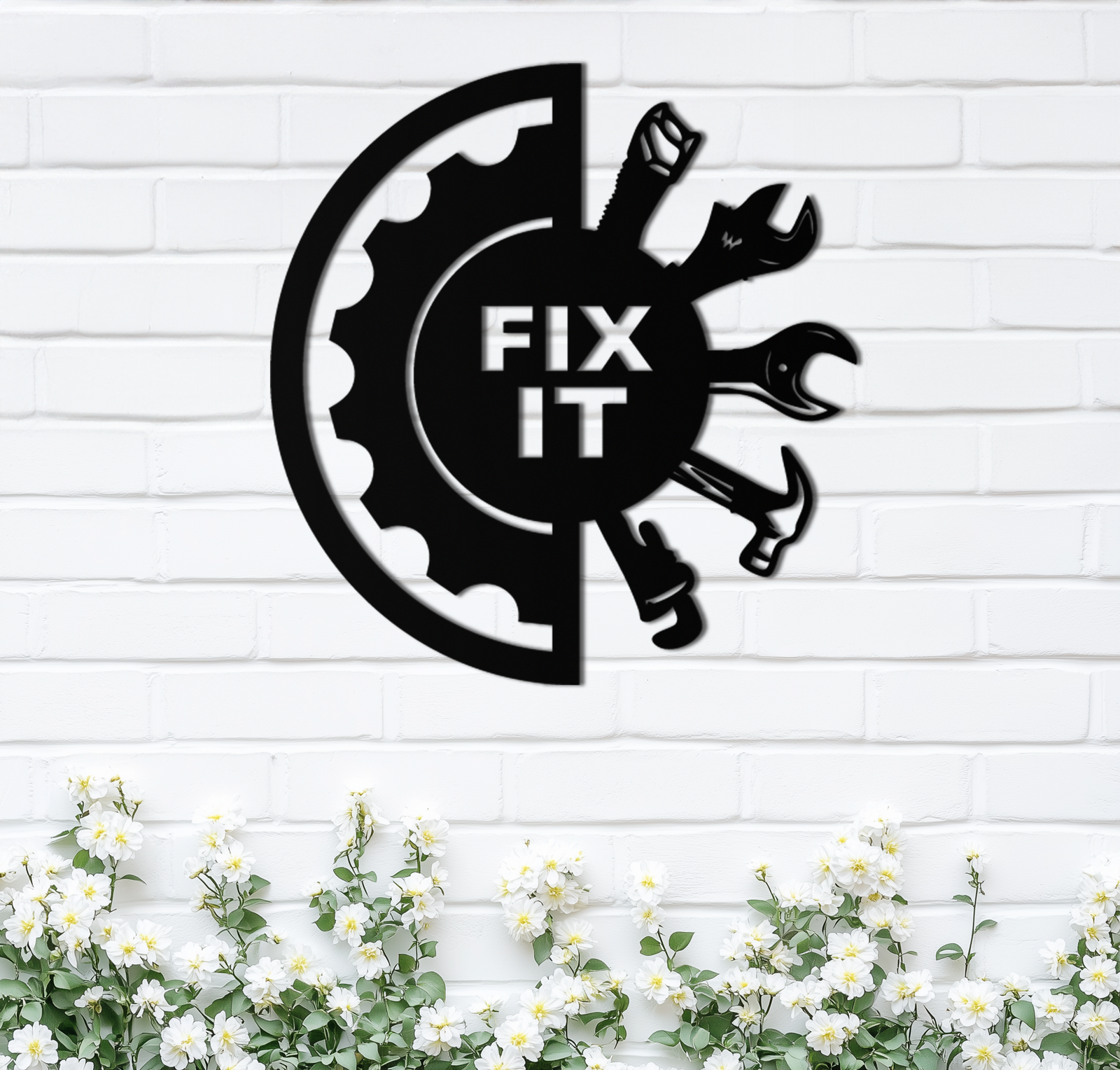 Fix It Tools Metal Wall Art – Industrial Gear & Hand Tools Silhouette Black Steel Decor for Garage or Workshop- KAF419