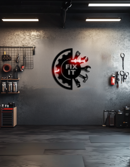 Load image into Gallery viewer, Fix It Tools Metal Wall Art – Industrial Gear &amp; Hand Tools Silhouette Black Steel Decor for Garage or Workshop- KAF419

