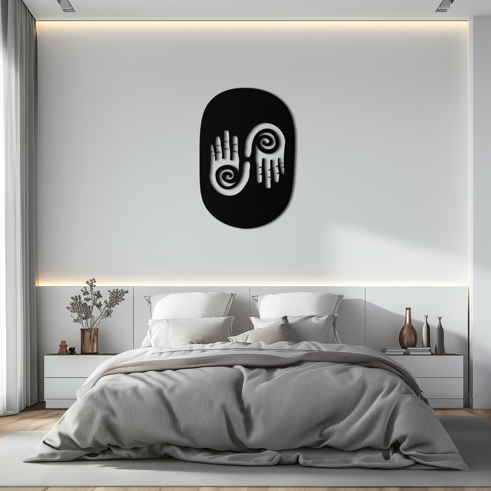 Abstract Spiral Hands Metal Wall Art – Mystical Black Steel Decor with Spiraled Palm Silhouette for Modern Interiors- KAF421