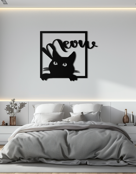 Cute Peeking Cat "Meow" Metal Wall Art – Playful Black Cat Silhouette Steel Decor for Pet Lovers and Home Interiors- KAF425
