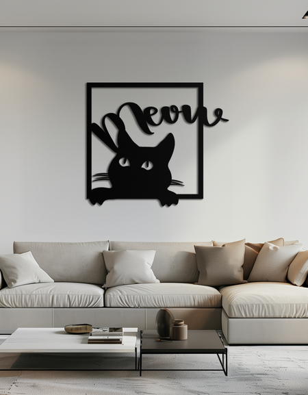 Cute Peeking Cat "Meow" Metal Wall Art – Playful Black Cat Silhouette Steel Decor for Pet Lovers and Home Interiors- KAF425
