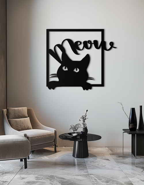 Load image into Gallery viewer, Cute Peeking Cat &quot;Meow&quot; Metal Wall Art – Playful Black Cat Silhouette Steel Decor for Pet Lovers and Home Interiors- KAF425
