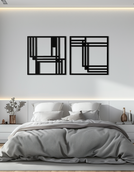 Modern Soyut Dikdörtgenler Metal Duvar Sanatı – Geometrik Minimalist Siyah Çelik Dekor, Çağdaş İç Mekanlar İçin 2 Panel Seti - KAF433