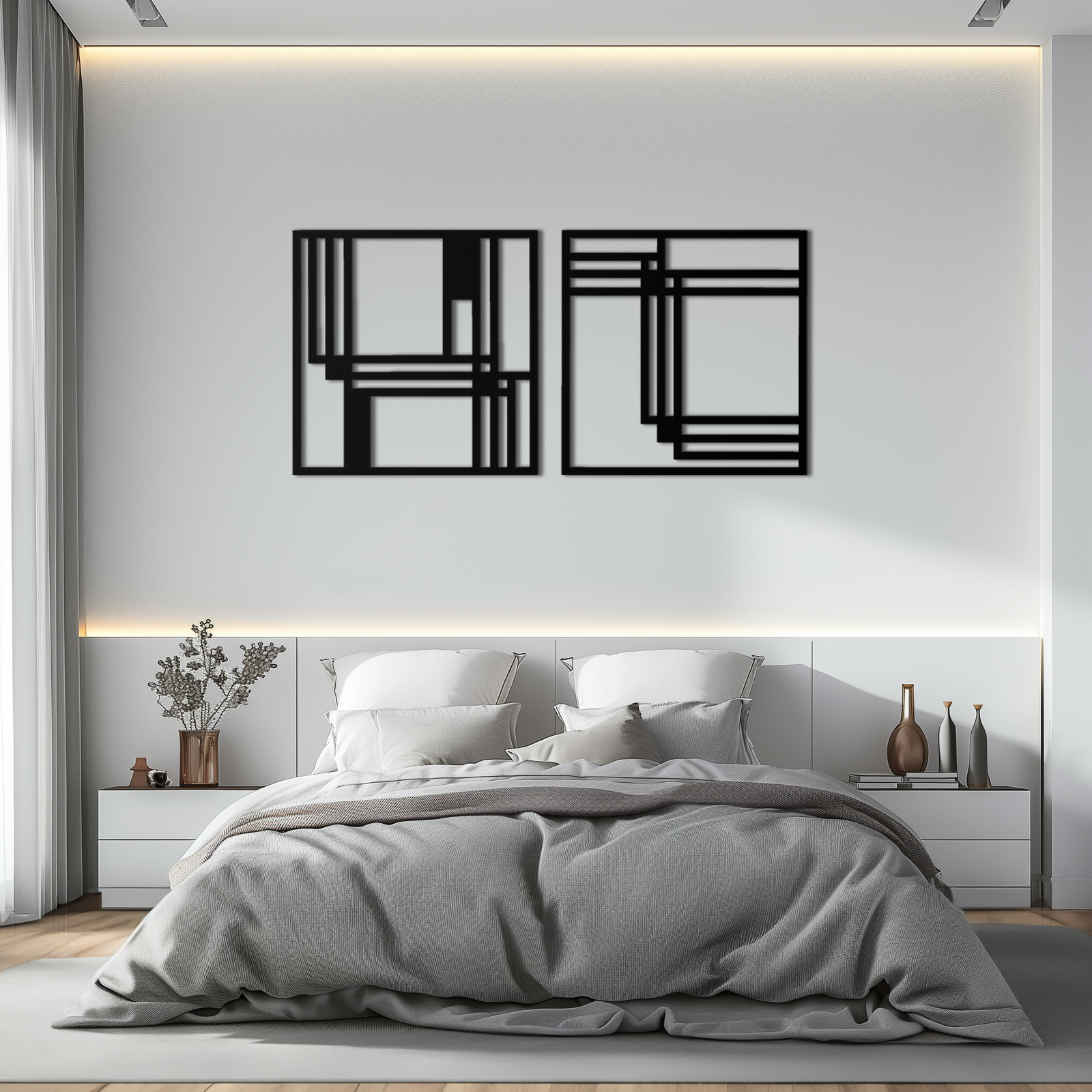 Modern Abstract Rectangles Metal Wall Art – Geometric Minimalist Black Steel Decor, 2 Panel Set for Contemporary Interiors- KAF433